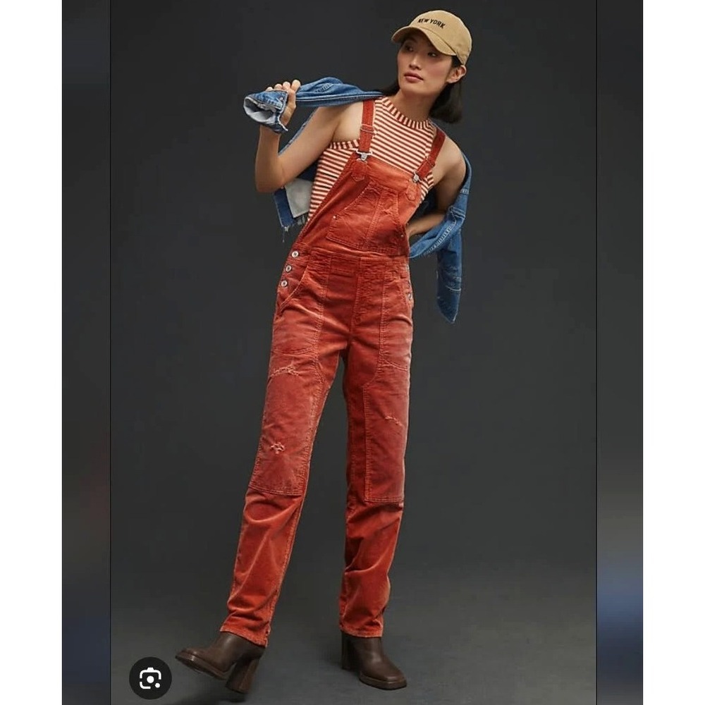 PILCRO The Wanderer Corduroy Overalls Women 28 Rust Orange Distressed Straight